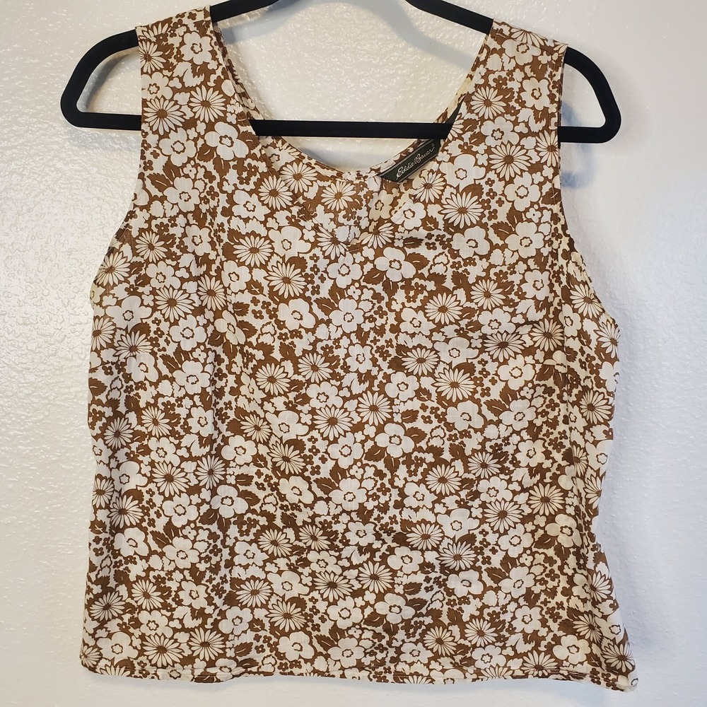 Eddie Bauer Tank Top Lightweight Blouse Brown White Flowers Cottagecore Size L